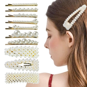 Detailed set of 10 pearl hair clips with gold alloy base and white faux pearls