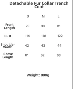 Size chart for wool blend coat with measurements for front length, bust, and sleeve