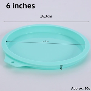 Detailed view of a 6-inch mint green round silicone cake mold with handle dimensions