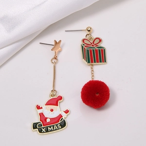Christmas star stud earrings with Santa and red pompom drop pendants on white silk