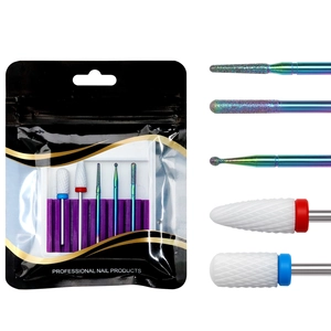 Detailed close-up of 5pcs nail drill bit set with ceramic and iridescent metal tips