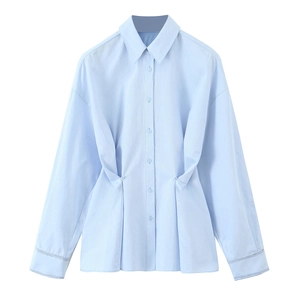 Damen Langarmhemd Hellblau Polyester Taillierung Knopfdetail Einfarbig Slim Fit Revers Bluse Oberteil
