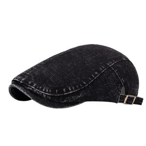 Vintage black washed denim flat cap with adjustable side metal buckle in British style