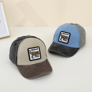 Kids vintage washed baseball cap with dinosaur patch embroidery in contrast colors