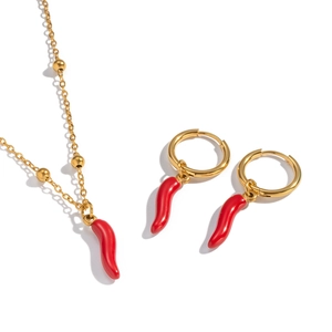 18K gold plated stainless steel jewelry set with red chili pendants and beaded necklace