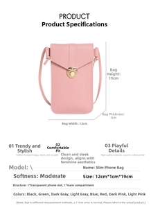 Slim pink faux leather mobile bag detail showing transparent phone slot and metal buckle