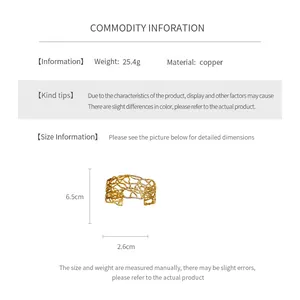 Tableau des tailles du bracelet manchette ajouré en laiton doré avec poids et mesures