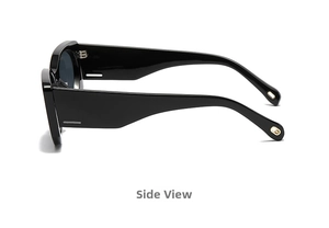 Side view of retro square black sunglasses featuring thick frames and metal ring accents