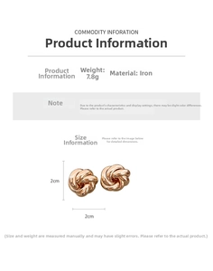 Detail view of 2cm rose gold knotted iron earrings showing weight of 7.8g and dimensions