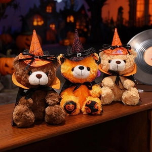 Orsetti di peluche per Halloween con cappelli da mago e ricami di zucca festivi