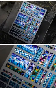 Macro detail of EM-001 nail stickers with blue peacock feathers and laser metallic fish scales