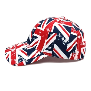 Detailed side view of a vintage Union Jack baseball cap with distressed ink splatter