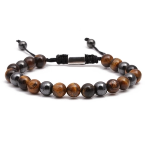 Bracciale in perline di occhio di tigre ed ematite con cordino nero regolabile e cursore