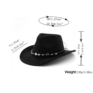 Vue détaillée du chapeau de cowboy noir avec perles ethniques et dimensions