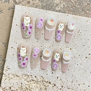 Handmade matte long coffin press-on nails with cute 3D cat, floral art and rhinestones