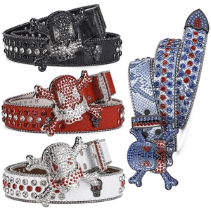 Rhinestone Belt Faux Leather Skull Buckle Waistband Hip Hop Punk Nightclub Fashion Decorative Unisex Sparkly
