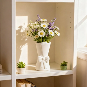 White matte bouquet vase with bowknot decoration for floral arrangements on a shelf