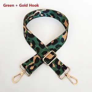 Detail of adjustable green leopard print nylon bag strap with gold metal lobster clasps