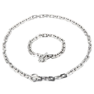 Silver stainless steel rectangular link chain set with OT toggle clasp for men
