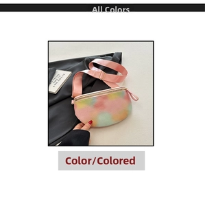 Detail of multicolor tie-dye chest bag with soft gradient and golden metal zipper
