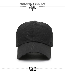 Front view of black breathable mesh baseball cap with classic six-panel structure