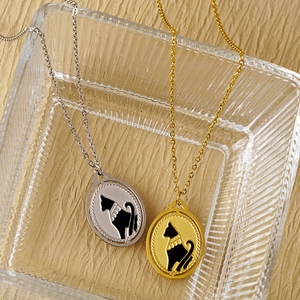 Vintage Egyptian black cat oval pendant necklace in gold and silver finishes