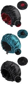 Detail of adjustable elastic drawstring on double-layer satin hair sleep bonnets