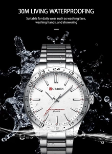 Macro view of silver steel watch with water splashes highlighting 30M waterproof feature