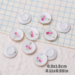 Mini ceramic tray bead with pink rose pattern and hole for jewelry making 0.3x1.5cm
