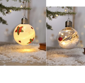 Macro detail of LED Christmas ornament with fake snow, red berries and warm lights