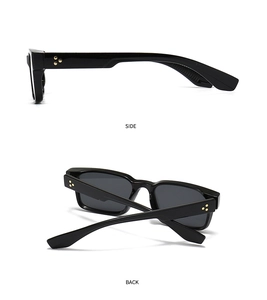 Side and back views of black square sunglasses featuring golden star rivets on the temples