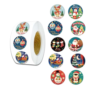 Rouleau de 500 autocollants de Noël ronds avec des illustrations festives colorées