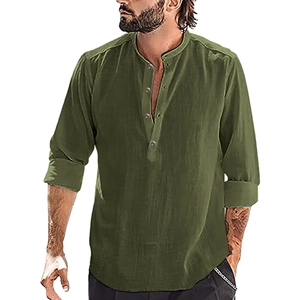 Men's casual army green long sleeve cotton linen shirt with mandarin collar
