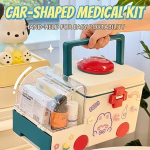 Cute Ambulance Shaped Medicine Box Double Layer Plastic Portable First Aid Kit Storage Organizer For Home Kids