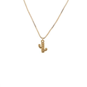 Gold-plated minimalist cactus pendant necklace featuring a box chain on white background