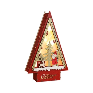 Red Christmas wooden house ornament with LED light and cutout silhouette of Santa Claus