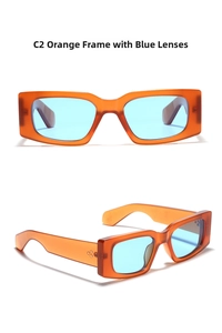 Y2K square sunglasses with translucent orange frame and light blue lenses in C2 colorway