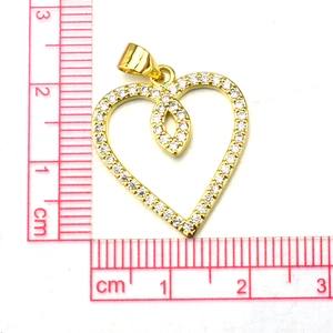 Detailed view of gold heart pendant with zircon stones showing exact size measurement