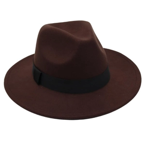 Detail of dark brown wool felt fedora hat featuring a classic black grosgrain ribbon band