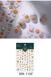 Detail of 5D cartoon rabbit and lotus nail stickers with pink shimmer application