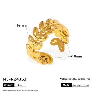 Close-up of golden laurel leaf pattern on 9mm wide stainless steel open ring