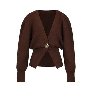 Minimalist V-neck knit cardigan in dark coffee with a unique gold button closure