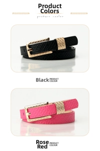 Detailed view of textured slim belts in black and rose red with golden pattern buckles