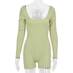 Detail of avocado green ribbed knit fabric and U-neckline on long sleeve bodysuit