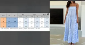 Detailed size chart for striped backless maxi dress with US and EU measurements