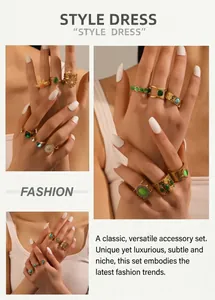 Detailed close-up of vintage 18K gold plated rings set with green gemstones for women