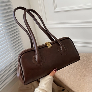 Vintage dark brown PU leather Boston bag with gold zippers and slim handles