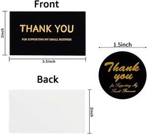 Detailed dimension guide for black and gold thank you business cards and 1.5 inch stickers