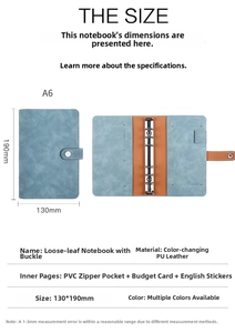 Detailed size chart for A6 PU leather budget binder with 130x190mm dimensions and features