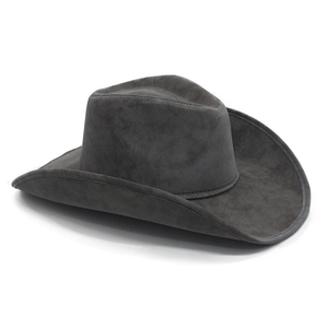 Detail of dark grey suede cowboy hat showing fine double stitching and durable crown texture